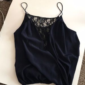 Navy blue tank top with black lace